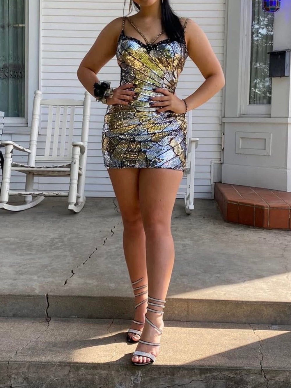 Gold and Silver Sequin Mini Dress with Spaghetti Straps